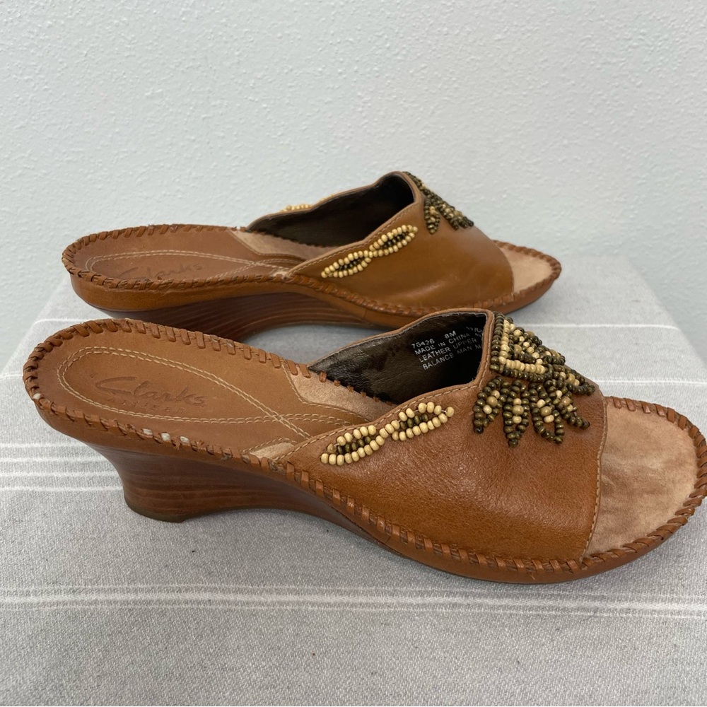 Clarks Artisan Empress Beaded Leather Wedge Sandals | Tan | Size 8 - Picture 5 of 12